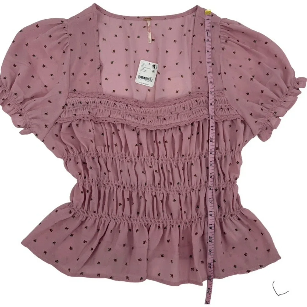 FREE PEOPLE New‎ Large Adore You Blouse Smocked Peplum Pink Floral Cottagecore